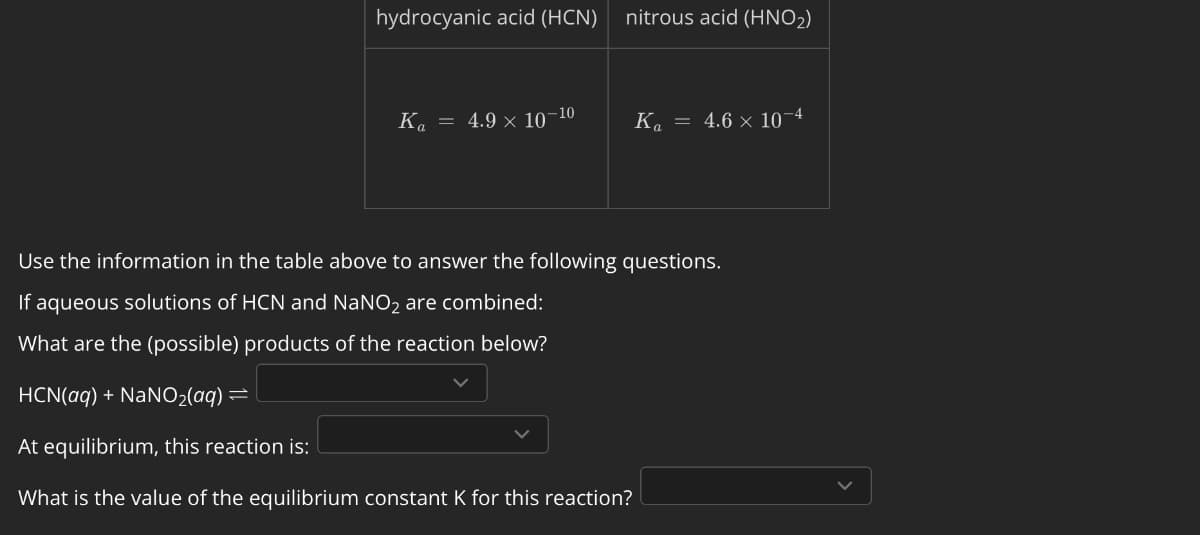 hydrocyanic acid (HCN)
nitrous acid (HNO2)
K₁ = 4.9 × 10-10
K₁ = 4.6 × 10-4
Use the information in the table above to answer the following questions.
If aqueous solutions of HCN and NaNO2 are combined:
What are the (possible) products of the reaction below?
HCN(aq) + NaNO2(aq) =
At equilibrium, this reaction is:
What is the value of the equilibrium constant K for this reaction?