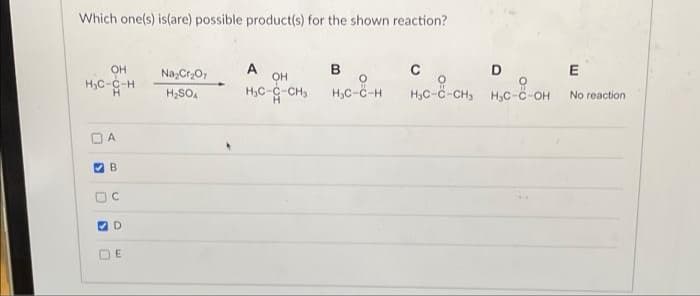 Which one(s) is(are) possible product(s) for the shown reaction?
OH
H₂C-C-H
U
0
A
B
0
C
D
E
Na₂Cr₂O7
H₂SO4
A
OH
H₂C-C-CH3
B
O
H₂C-C-H
с
D
E
H₂C-C-CH₂ H₂C-C-OH No reaction