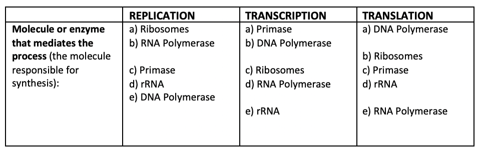 REPLICATION
TRANSCRIPTION
TRANSLATION
Molecule or enzyme
a) Primase
b) DNA Polymerase
a) Ribosomes
a) DNA Polymerase
that mediates the
b) RNA Polymerase
process (the molecule
responsible for
synthesis):
c) Ribosomes
d) RNA Polymerase
b) Ribosomes
c) Primase
c) Primase
d) FRNA
e) DNA Polymerase
d) FRNA
e) FRNA
e) RNA Polymerase
