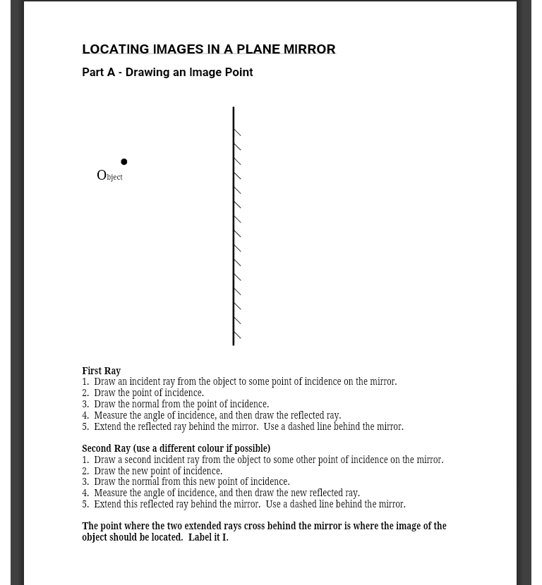 LOCATING IMAGES IN A PLANE MIRROR
Part A - Drawing an Image Point
Object
First Ray
1. Draw an incident ray from the object to some point of incidence on the mirror.
2. Draw the point of incidence.
3. Draw the normal from the point of incidence.
4. Measure the angle of incidence, and then draw the reflected ray.
5. Extend the reflected ray behind the mirror. Use a dashed line behind the mirror.
Second Ray (use a different colour if possible)
1. Draw a second incident ray from the object to some other point of incidence on the mirror.
2. Draw the new point of incidence.
3. Draw the normal from this new point of incidence.
4. Measure the angle of incidence, and then draw the new reflected ray.
5. Extend this reflected ray behind the mirror. Use a dashed line behind the mirror.
The point where the two extended rays cross behind the mirror is where the image of the
object should be located. Label it I.
