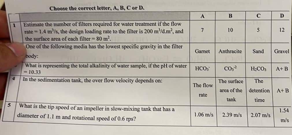 5
4
Choose the correct letter, A, B, C or D.
Estimate the number of filters required for water treatment if the flow
rate=1.4 m/s, the design loading rate to the filter is 200 m³/d.m², and
the surface area of each filter= 80 m².
One of the following media has the lowest specific gravity in the filter
body:
What is representing the total alkalinity of water sample, if the pH of water
<=10.33
In the sedimentation tank, the over flow velocity depends on:
What is the tip speed of an impeller in slow-mixing tank that has a
diameter of 1.1 m and rotational speed of 0.6 rps?
A
7
Garnet
HCOS
The flow
rate
1.06 m/s
B
10
Anthracite
CO
The surface
area of the
tank
2.39 m/s
C
5
Sand
D
12
2.07 m/s
Gravel
H₂CO3 A+B
The
detention A+B
time
1.54
m/s