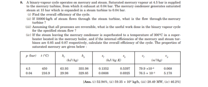 8. A binary-vapour eycle operates on mercury and steam. Saturated mercury vapour at 4.5 bar is supplied
to the mercury turbine, from which it exhaust at 0.04 bar. The mereury condenser generates saturated
steam at 15 bar which is expanded in a steam turbine to 0.04 bar.
(i) Find the overall efficiency of the ceycle.
(ii) If 50000 kg/h of steam flows through the steam turbine, what is the flow through the mercury
turbine ?
(ii) Assuming that all processes are reversible, what is the useful work done in the binary vapour eyele
for the specified steam flow ?
(iv) If the steam leaving the mereury condenser is superheated to a temperature of 300°C in a super-
heater located in the mercury boiler, and if the internal efficiencies of the mercury and steam tur-
bines are 0.85 and 0.87 respectively, caleulate the overall efficiency of the eycle. The properties of
saturated mercury are given below :
p (bar) tCC)
(kJ/ kg)
(kJ / kg K)
(m'/kg)
4.5
450
63.93
355.98
0.1352
0.5397
79.9 x104
0.068
0.04
216.9
29.98
329.85
0.0808
0.6925
76.5 x 10-
5.178
|Ans. (i) 52.94%, (i) 59.35 × 10' kg/h, (iii) 28.49 MW, (iv) 46.2%)
