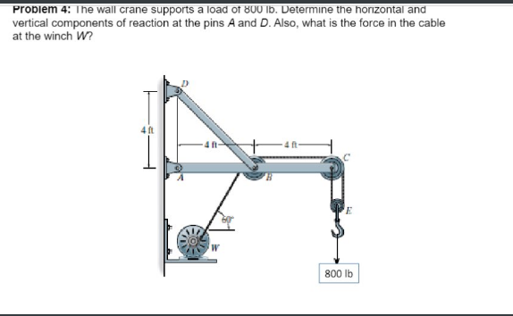 Problem 4: The wall crane supports a load of 800 lb. Determine the horizontal and
vertical components of reaction at the pins A and D. Also, what is the force in the cable
at the winch W?
4 ft-
E
W
800 lb