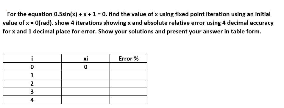 For the equation 0.5sin(x) + x + 1 = 0. find the value of x using fixed point iteration using an initial
value of x = 0(rad). show 4 iterations showing x and absolute relative error using 4 decimal accuracy
for x and 1 decimal place for error. Show your solutions and present your answer in table form.
i
0
1
2
3
4
xi
0
Error %