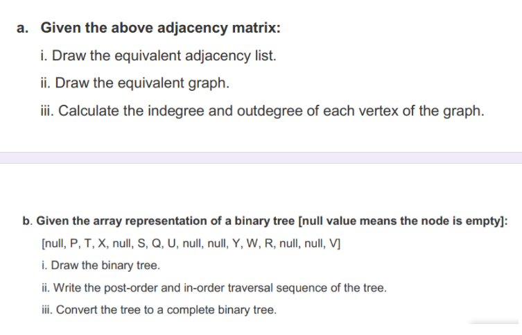a. Given the above adjacency matrix:
i. Draw the equivalent adjacency list.
ii. Draw the equivalent graph.
ii. Calculate the indegree and outdegree of each vertex of the graph.
b. Given the array representation of a binary tree [null value means the node is empty]:
[null, P, T, X, null, S, Q, U, null, null, Y, W, R, null, null, V]
i. Draw the binary tree.
ii. Write the post-order and in-order traversal sequence of the tree.
iii. Convert the tree to a complete binary tree.
