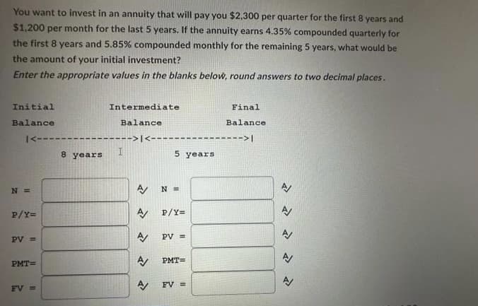 You want to invest in an annuity that will pay you $2,300 per quarter for the first 8 years and
$1,200 per month for the last 5 years. If the annuity earns 4.35% compounded quarterly for
the first 8 years and 5.85% compounded monthly for the remaining 5 years, what would be
the amount of your initial investment?
Enter the appropriate values in the blanks below, round answers to two decimal places.
Initial
Balance
|<----
N=
P/Y=
PV =
PMT=
FV =
8 years
Intermediate
Balance
-->|<----
I
5 years
A/ N =
A/ P/Y=
A/ PV =
A/ PMT=
A/
FV =
Final
Balance
A/
E
E