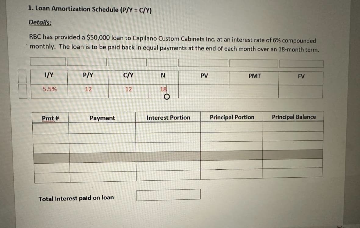 1. Loan Amortization Schedule (P/Y = C/Y)
Details:
RBC has provided a $50,000 loan to Capilano Custom Cabinets Inc. at an interest rate of 6% compounded
monthly. The loan is to be paid back in equal payments at the end of each month over an 18-month term.
I/Y
5.5%
Pmt #
P/Y
12
Payment
Total Interest paid on loan
C/Y
12
N
18
Interest Portion
PV
PMT
Principal Portion
FV
Principal Balance