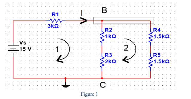 В
R1
3kQ
R2
R4
1.5k2
1kQ
Vs
1
2:
-15 V
R3
R5
2kQ
1.5kQ
Figure 1
