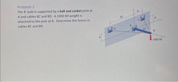 Problem 2
The 8' pole is supported by a ball and socket joint at
A and cables BC and BD. A 1000 lbf weight is
6'
attached to the pole at B. Determine the forces in
12'
cables BC and BD.
12'
B.
1000 ibf
