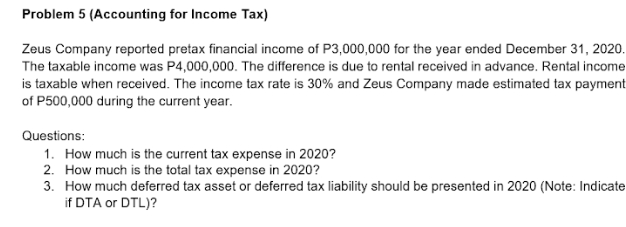 Problem 5 (Accounting for Income Tax)
Zeus Company reported pretax financial income of P3,000,000 for the year ended December 31, 2020.
The taxable income was P4,000,000. The difference is due to rental received in advance. Rental income
is taxable when received. The income tax rate is 30% and Zeus Company made estimated tax payment
of P500,000 during the current year.
Questions:
1. How much is the current tax expense in 2020?
2. How much is the total tax expense in 2020?
3. How much deferred tax asset or deferred tax liability should be presented in 2020 (Note: Indicate
if DTA or DTL)?
