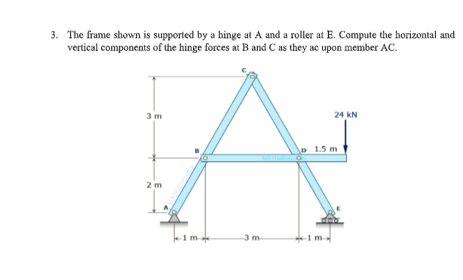 3. The frame shown is supported by a hinge at A and a roller at E. Compute the horizontal and
vertical components of the hinge forces at B and C as they ac upon member AC.
3 m
24 kN
D 1.5 m
MATHno O
2 m
k-1 m--
-1 m-
3 m
