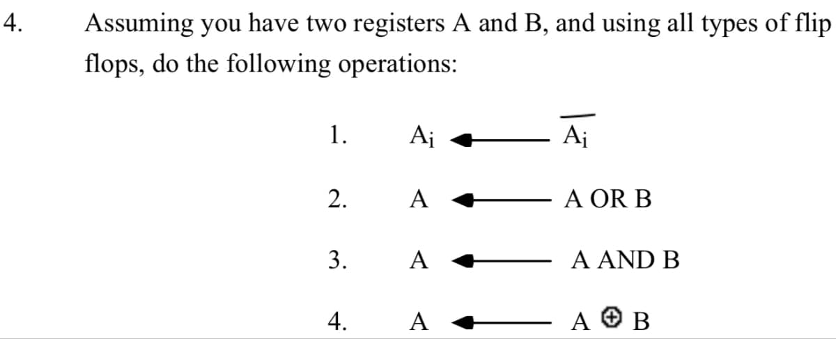 4.
Assuming you have two registers A and B, and using all types of flip
flops, do the following operations:
1.
Ai
Ai
2.
A
A OR B
3.
A
A AND B
4.
A
ΑΘΒ