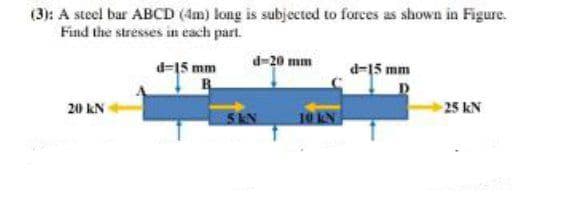 (3): A steel bar ABCD (im) long is subjected to forces as shown in Figure.
Find the stresses in each part.
d=15 mm
d-20 mm
d-15 mm
20 kN
25 kN
SKN
10 KN
