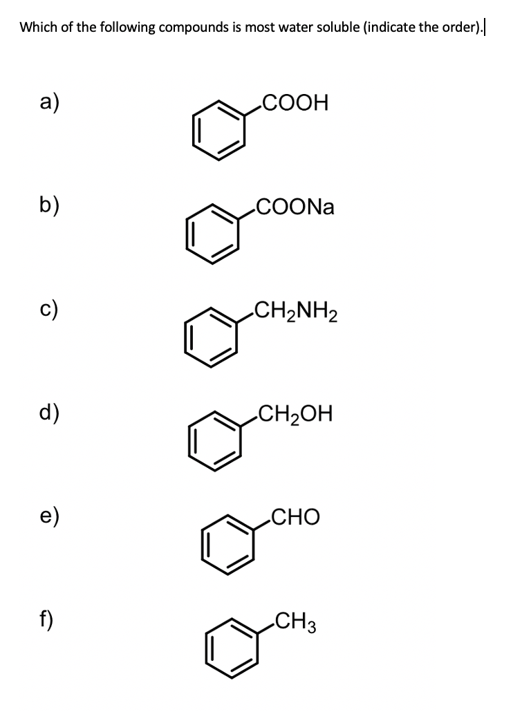 Which of the following compounds is most water soluble (indicate the order).
a)
b)
c)
d)
e)
f)
COOH
.COONa
CH2NH2
CH₂OH
CHO
CH3