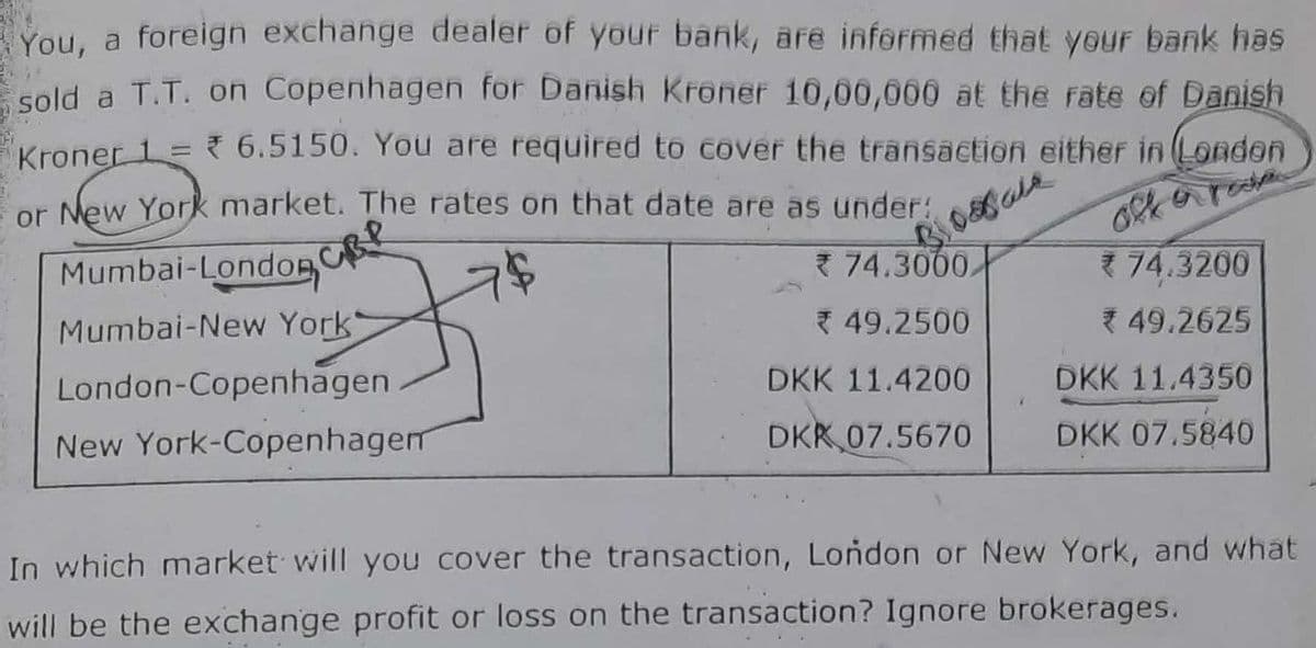 You, a foreign exchange dealer of your bank, are informed that your bank has
sold a T.T. on Copenhagen for Danish Kroner 10,00,000 at the rate of Danish
Kroner = 6.5150. You are required to cover the transaction either in London
or New York market. The rates on that date are as under:
Mumbai-London
Blossale
74.3000,
Mumbai-New York
* 49.2500
DKK 11.4200
DKK 07.5670
London-Copenhagen
New York-Copenhagen
* 74.3200
* 49.2625
DKK 11.4350
DKK 07.5840
In which market will you cover the transaction, London or New York, and what
will be the exchange profit or loss on the transaction? Ignore brokerages.