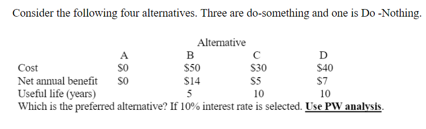 Consider the following four alternatives. Three are do-something and one is Do -Nothing.
Alternative
A
B
D
Cost
$O
$50
$30
$40
Net annual benefit
Useful life (years)
Which is the preferred alternative? If 10% interest rate is selected. Use PW analysis.
$O
$14
$5
$7
5
10
10
