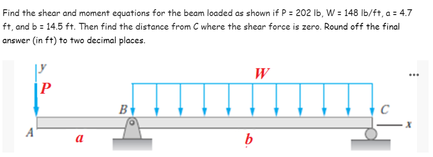 Find the shear and moment equations for the beam loaded as shown if P = 202 lb, W = 148 lb/ft, a = 4.7
ft, and b = 14.5 ft. Then find the distance from C where the shear force is zero. Round off the final
answer (in ft) to two decimal places.
W
P
C
B
A
a
b
X