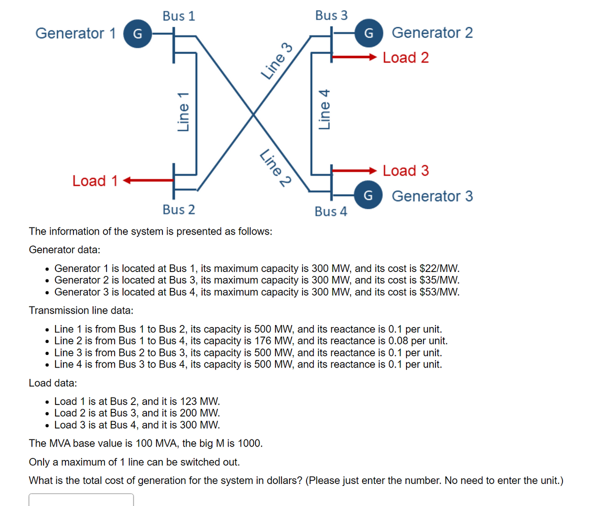 Generator 1 G
Bus 1
Line 1
Load 1
Bus 2
The information of the system is presented as follows:
Generator data:
Line 3
Line 2
Bus 3
G Generator 2
Load 2
Line 4
G
Bus 4
Load 3
Generator 3
• Generator 1 is located at Bus 1, its maximum capacity is 300 MW, and its cost is $22/MW.
Generator 2 is located at Bus 3, its maximum capacity is 300 MW, and its cost is $35/MW.
•
• Generator 3 is located at Bus 4, its maximum capacity is 300 MW, and its cost is $53/MW.
Transmission line data:
Line 1 is from Bus 1 to Bus 2, its capacity is 500 MW, and its reactance is 0.1 per unit.
• Line 2 is from Bus 1 to Bus 4, its capacity is 176 MW, and its reactance is 0.08 per unit.
• Line 3 is from Bus 2 to Bus 3, its capacity is 500 MW, and its reactance is 0.1 per unit.
Line 4 is from Bus 3 to Bus 4, its capacity is 500 MW, and its reactance is 0.1 per unit.
Load data:
•
Load 1 is at Bus 2, and it is 123 MW.
•
Load 2 is at Bus 3, and it is 200 MW.
• Load 3 is at Bus 4, and it is 300 MW.
The MVA base value is 100 MVA, the big M is 1000.
Only a maximum of 1 line can be switched out.
What is the total cost of generation for the system in dollars? (Please just enter the number. No need to enter the unit.)