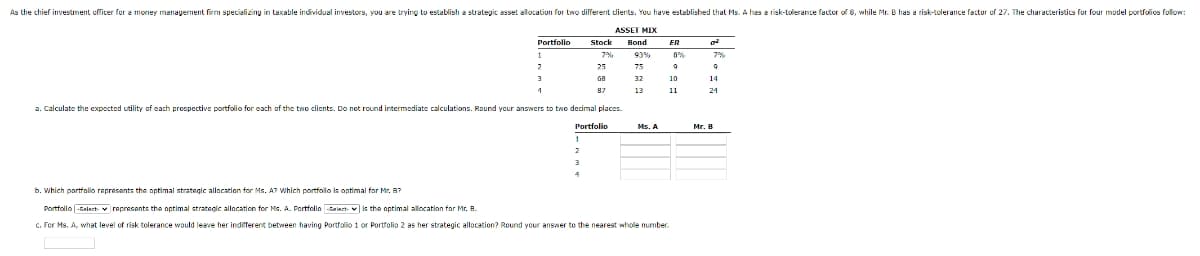 As the chief investment officer for a money management firm specializing in taxable individual investors, you are trying to establish a strategic asset allocation for two different clients. You have established that Ms. A has a risk-tolerance factor of 8, while Mr. B has a risk-tolerance factor of 27. The characteristics for four model portfolios follow:
ASSET MIX
Bond
93%
75
32
13
Portfolio
1
2
3
4
Stock
7%
25
GB
87
a. Calculate the expected utility of each prospective portfolio for each of the two clients. Do not round intermediate calculations. Round your answers to two decimal places.
1
2
3
Portfolio
Ms. A
ER
8%
9
10
11
b. Which portfolio represents the optimal strategic allocation for Ms. A? Which portfolio is optimal for Mr. B?
Portfollo-Select-represents the optimal strategic allocation for Ms. A. Portfolio Select is the optimal allocation for Mr. B.
c. For Ms. A, what level of risk tolerance would leave her indifferent between having Portfolio 1 or Portfolio 2 as her strategic allocation? Round your answer to the nearest whole number.
0²
7%
9
14
24
Mr. B