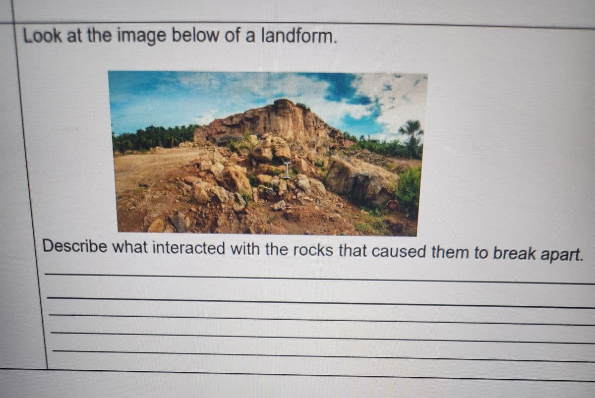 Look at the image below of a landform.
NG
Describe what interacted with the rocks that caused them to break apart.