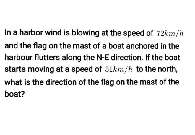 In a harbor wind is blowing at the speed of 72km/h
and the flag on the mast of a boat anchored in the
harbour flutters along the N-E direction. If the boat
starts moving at a speed of 51km/h to the north,
what is the direction of the flag on the mast of the
boat?
