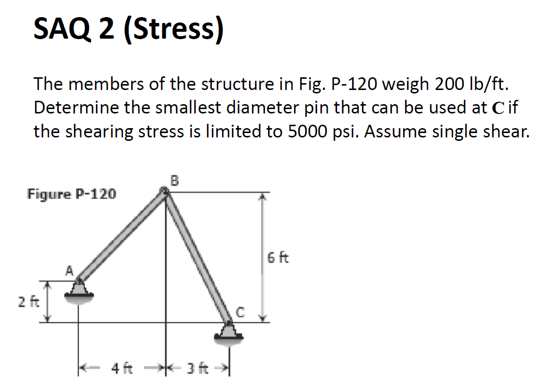 SAQ 2 (Stress)
The members of the structure in Fig. P-120 weigh 200 lb/ft.
Determine the smallest diameter pin that can be used at C if
the shearing stress is limited to 5000 psi. Assume single shear.
Figure P-120
2 ft
B
4 ft 3 ft →→>
с
6 ft