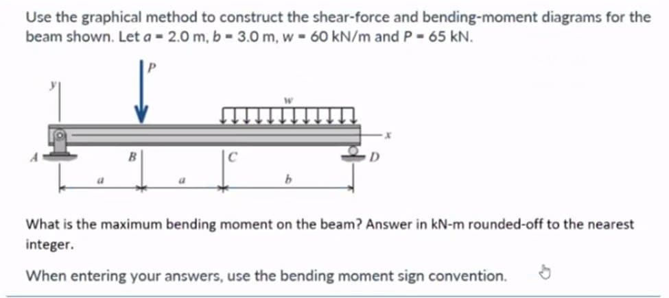 Use the graphical method to construct the shear-force and bending-moment diagrams for the
beam shown. Let a = 2.0 m, b = 3.0 m, w = 60 kN/m and P = 65 kN.
C
What is the maximum bending moment on the beam? Answer in kN-m rounded-off to the nearest
integer.
When entering your answers, use the bending moment sign convention.