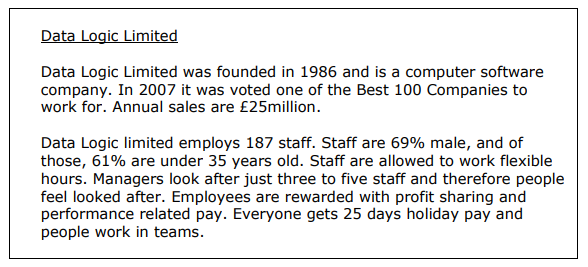 Data Logic Limited
Data Logic Limited was founded in 1986 and is a computer software
company. In 2007 it was voted one of the Best 100 Companies to
work for. Annual sales are £25million.
Data Logic limited employs 187 staff. Staff are 69% male, and of
those, 61% are under 35 years old. Staff are allowed to work flexible
hours. Managers look after just three to five staff and therefore people
feel looked after. Employees are rewarded with profit sharing and
performance related pay. Everyone gets 25 days holiday pay and
people work in teams.