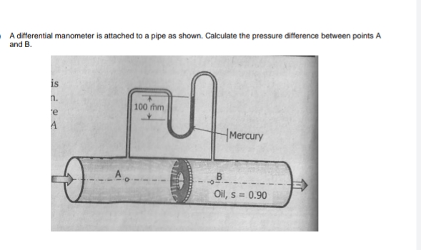 A differential manometer is attached to a pipe as shown. Calculate the pressure difference between points A
and B.
is
n.
100 hm
re
A
Mercury
B
Oil, s = 0.90
