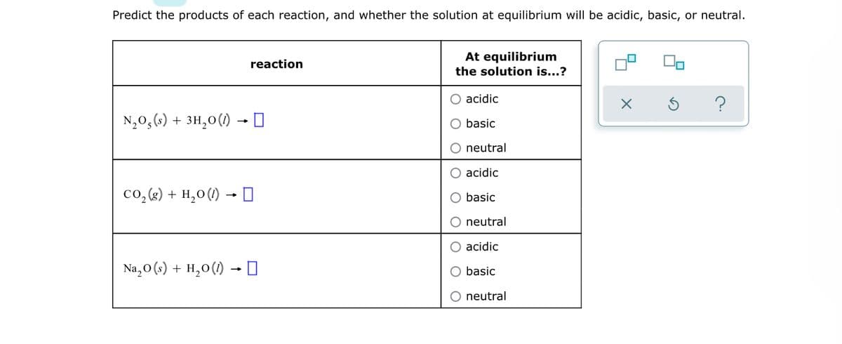 Predict the products of each reaction, and whether the solution at equilibrium will be acidic, basic, or neutral.
At equilibrium
the solution is...?
reaction
acidic
N,0,(s) + 3H,0(1) → 0
basic
neutral
O acidic
co, (g) + H,0(1)
basic
neutral
acidic
Na, 0 (s) + H,0(1) - 0
basic
neutral
