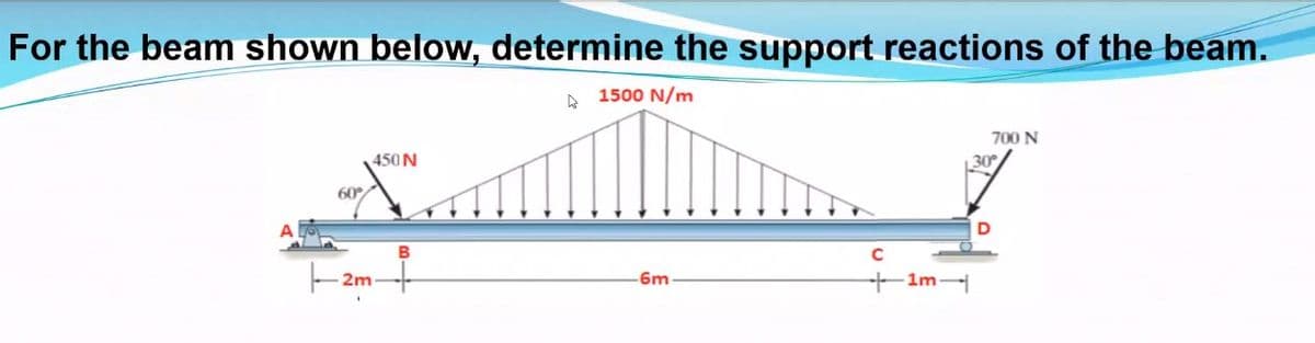 For the beam shown below, determine the support reactions of the beam.
1500 N/m
700 N
450 N
60
2m
6m
+1m
