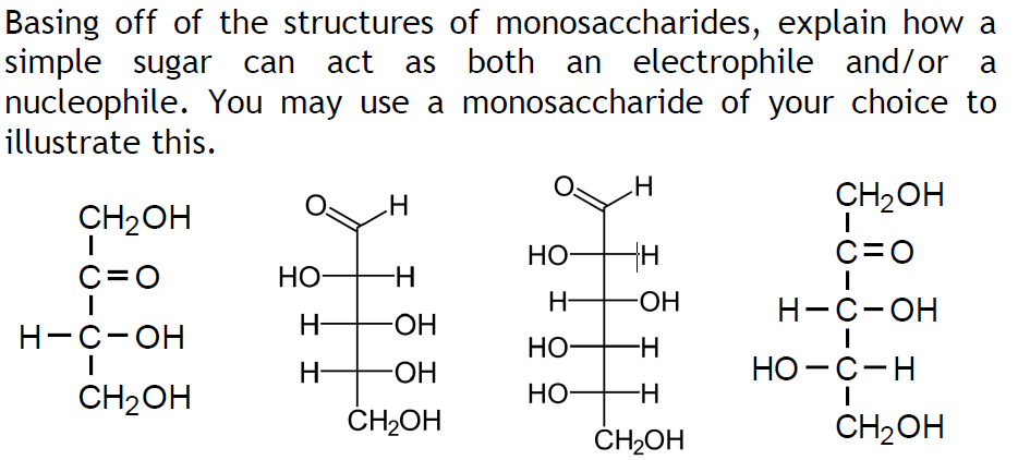 Basing off of the structures of monosaccharides, explain how a
simple sugar can
nucleophile. You may use a monosaccharide of your choice to
illustrate this.
act
as both an electrophile and/or a
CH2OH
CH2OH
НО-
C=0
C=0
НО
H-
H-
-ОН
Н-с-он
H-
-HO-
Н-с-он
НО
H-
H-
HO-
НО -с-н
CH2OH
Но-
-H-
ČH2OH
CH2OH
ČH,OH
I I
