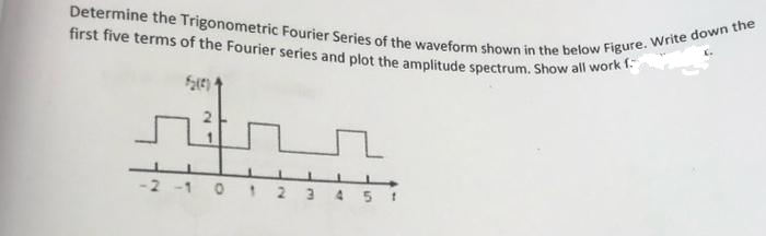 first five terms of the Fourier series and plot the amplitude spectrum. Show all work f.
Determine the Trigonometric Fourier Series of the waveform shown in the below Figure. Write down the
*z[(T];
-2 -1 0 1
N
3 4 5 1