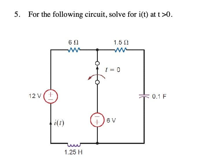 5. For the following circuit, solve for i(t) at t>0.
12 V (+
i(t)
6Ω
w
1.25 H
(1+
1.5 Ω
ww
t = 0
6 V
0.1 F