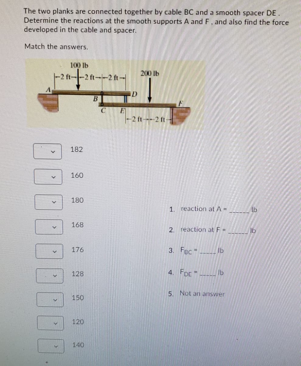 The two planks are connected together by cable BC and a smooth spacer DE.
Determine the reactions at the smooth supports A and F.and also find the force
developed in the cable and spacer.
Match the answers.
100 lb
200 lb
-2 ft--2 ft-
ft2 ft-
182
160
180
1. reaction at A=
168
2. reaction at F =
176
3. Foc-
128
4. FDE
5.
150
120
140
