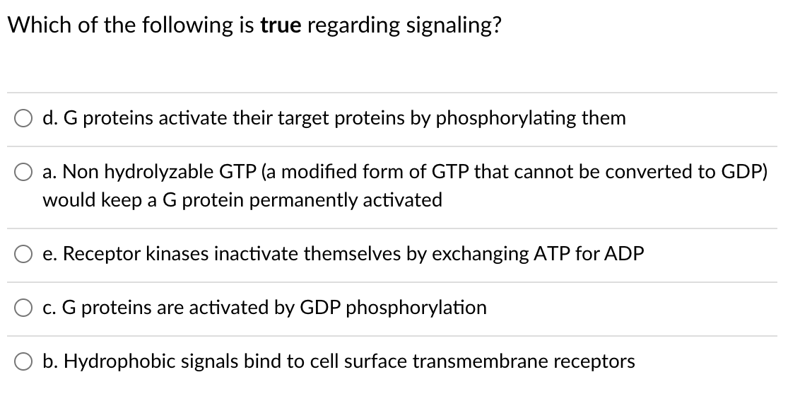 Which of the following is true regarding signaling?
d. G proteins activate their target proteins by phosphorylating them
a. Non hydrolyzable GTP (a modified form of GTP that cannot be converted to GDP)
would keep a G protein permanently activated
e. Receptor kinases inactivate themselves by exchanging ATP for ADP
O c. G proteins are activated by GDP phosphorylation
O b. Hydrophobic signals bind to cell surface transmembrane receptors
