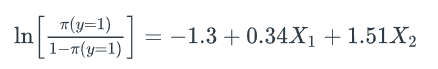 In
T(y=1)
1-π(y=1)
=
−1.3 +0.34X₁ + 1.51X₂