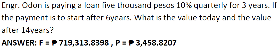 Engr. Odon is paying a loan five thousand pesos 10% quarterly for 3 years. If
the payment is to start after 6years. What is the value today and the value
after 14years?
ANSWER: F = P 719,313.8398 , P = P 3,458.8207
%3D
