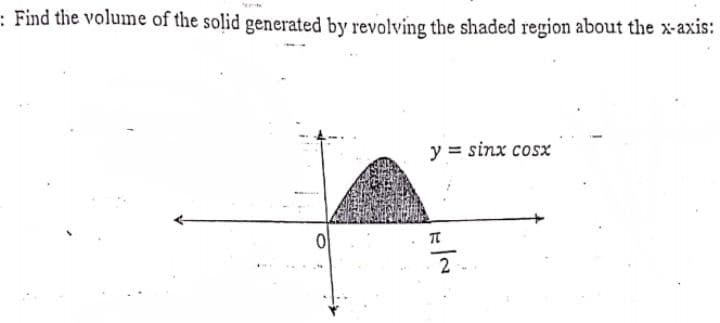 : Find the volume of the solid generated by revolving the shaded region about the x-axis:
y = sinx cosx
