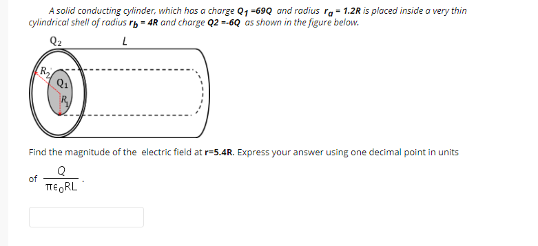 A solid conducting cylinder, which has a charge Q1 =69Q and radius ra = 1.2R is placed inside a very thin
cylindrical shell of radius rp = 4R and charge Q2 =-6Q as shown in the figure below.
R
Q1
Find the magnitude of the electric field at r=5.4R. Express your answer using one decimal point in units
of
TTE,RL
