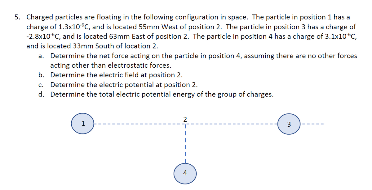 5. Charged particles are floating in the following configuration in space. The particle in position 1 has a
charge of 1.3×10°C, and is located 55mm West of position 2. The particle in position 3 has a charge of
-2.8x10°C, and is located 63mm East of position 2. The particle in position 4 has a charge of 3.1x10°C,
and is located 33mm South of location 2.
Determine the net force acting on the particle in position 4, assuming there are no other forces
acting other than electrostatic forces.
b. Determine the electric field at position 2.
a.
Determine the electric potential at position 2.
d. Determine the total electric potential energy of the group of charges.
c.
2
3
4
