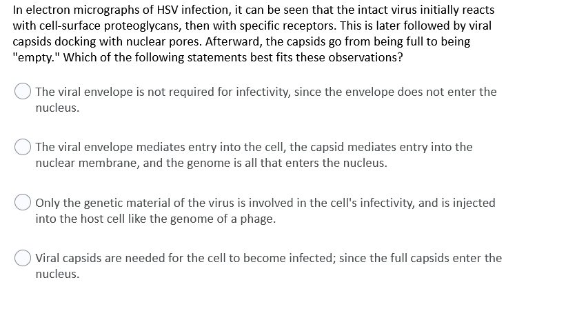 In electron micrographs of HSV infection, it can be seen that the intact virus initially reacts
with cell-surface proteoglycans, then with specific receptors. This is later followed by viral
capsids docking with nuclear pores. Afterward, the capsids go from being full to being
"empty." Which of the following statements best fits these observations?
The viral envelope is not required for infectivity, since the envelope does not enter the
nucleus.
The viral envelope mediates entry into the cell, the capsid mediates entry into the
nuclear membrane, and the genome is all that enters the nucleus.
Only the genetic material of the virus is involved in the cell's infectivity, and is injected
into the host cell like the genome of a phage.
Viral capsids are needed for the cell to become infected; since the full capsids enter the
nucleus.
