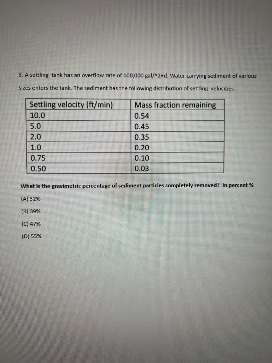 3. A settling tank has an overflow rate of 100,000 gal/^2 d. Water carrying sediment of various
sizes enters the tank. The sediment has the following distribution of settling velocities.
Settling velocity (ft/min)
10.0
5.0
2.0
1.0
0.75
0.50
Mass fraction remaining
0.54
0.45
0.35
0.20
0.10
0.03
What is the gravimetric percentage of sediment particles completely removed? In percent %
(A) 32%
(B) 39%
(C) 47%
(D) 55%