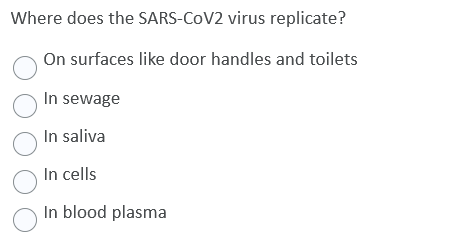 Where does the SARS-COV2 virus replicate?
On surfaces like door handles and toilets
In sewage
In saliva
In cells
In blood plasma

