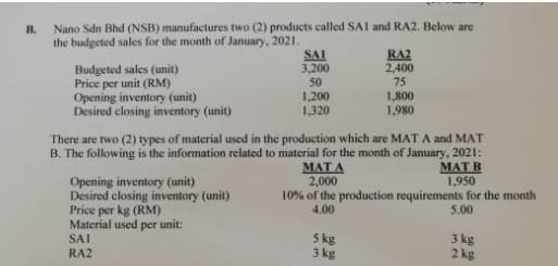 В.
Nano Sdn Bhd (NSB) manufactures two (2) products called SAI and RA2. Below are
the budgeted sales for the month of January, 2021.
SAI
3,200
50
Budgeted sales (unit)
Price per unit (RM)
Opening inventory (unit)
Desired closing inventory (unit)
RA2
2,400
75
1,800
1,980
1,200
1,320
There are two (2) types of material used in the production which are MATA and MAT
B. The following is the information related to material for the month of January, 2021:
MAT B
1,950
MAT A
2,000
10% of the production requirements for the month
Opening inventory (unit)
Desired closing inventory (unit)
Price per kg (RM)
Material used per unit:
4.00
5.00
5 kg
3 kg
3 kg
2 kg
SAI
RA2
