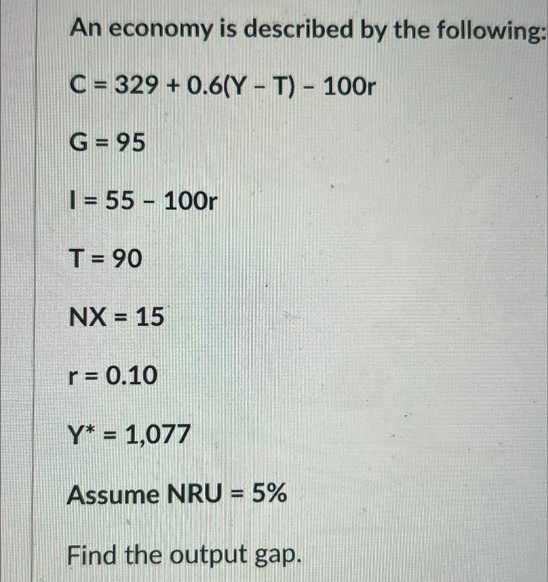 An economy is described by the following:
C = 329 +0.6(YT) - 100r
G = 95
I=55 100r
-
T = 90
NX = 15
r = 0.10
Y* = 1,077
Assume NRU = 5%
Find the output gap.