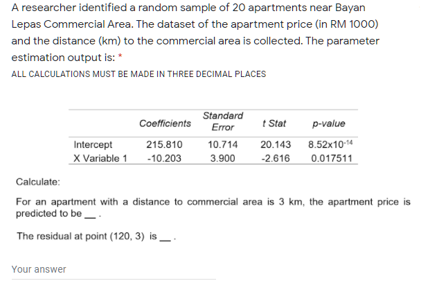 A researcher identified a random sample of 20 apartments near Bayan
Lepas Commercial Area. The dataset of the apartment price (in RM 1000)
and the distance (km) to the commercial area is collected. The parameter
estimation output is: *
ALL CALCULATIONS MUST BE MADE IN THREE DECIMAL PLACES
Standard
Error
t Stat
Coefficients
p-value
Intercept
215.810
10.714
20.143
8.52x10-14
X Variable 1
-10.203
3.900
-2.616
0.017511
Calculate:
For an apartment with a distance to commercial area is 3 km, the apartment price is
predicted to be_.
The residual at point (120, 3) is,
Your answer
