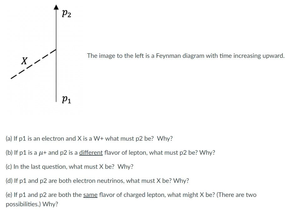 P2
X
The image to the left is a Feynman diagram with time increasing upward.
P1
(a) If p1 is an electron and X is a W+ what must p2 be? Why?
(b) If p1 is a μ+ and p2 is a different flavor of lepton, what must p2 be? Why?
(c) In the last question, what must X be? Why?
(d) If p1 and p2 are both electron neutrinos, what must X be? Why?
(e) If p1 and p2 are both the same flavor of charged lepton, what might X be? (There are two
possibilities.) Why?