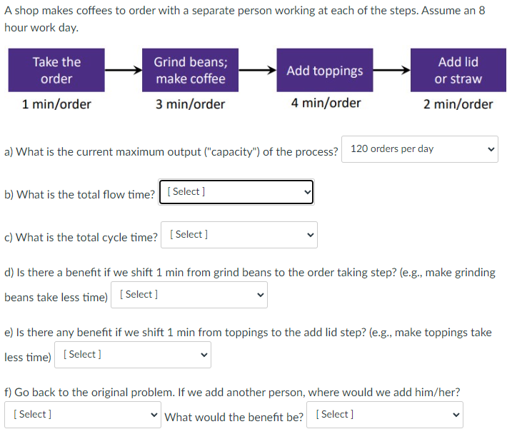 A shop makes coffees to order with a separate person working at each of the steps. Assume an 8
hour work day.
Take the
order
1 min/order
Grind beans;
make coffee
3 min/order
Add toppings
4 min/order
b) What is the total flow time? [Select]
Add lid
or straw
2 min/order
a) What is the current maximum output ("capacity") of the process? 120 orders per day
c) What is the total cycle time? [Select]
d) Is there a benefit if we shift 1 min from grind beans to the order taking step? (e.g., make grinding
beans take less time) [Select]
e) Is there any benefit if we shift 1 min from toppings to the add lid step? (e.g., make toppings take
less time) [Select]
f) Go back to the original problem. If we add another person, where would we add him/her?
[Select]
What would the benefit be? [Select]