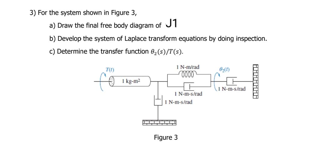 3) For the system shown in Figure 3,
a) Draw the final free body diagram of J1
b) Develop the system of Laplace transform equations by doing inspection.
c) Determine the transfer function 0₂ (s)/T(s).
T(t)
1 kg-m²
1 N-m/rad
0000
1 N-m-s/rad
1 N-m-s/rad
Figure 3
0₂(1)
1 N-m-s/rad
FOROROHOACALA
